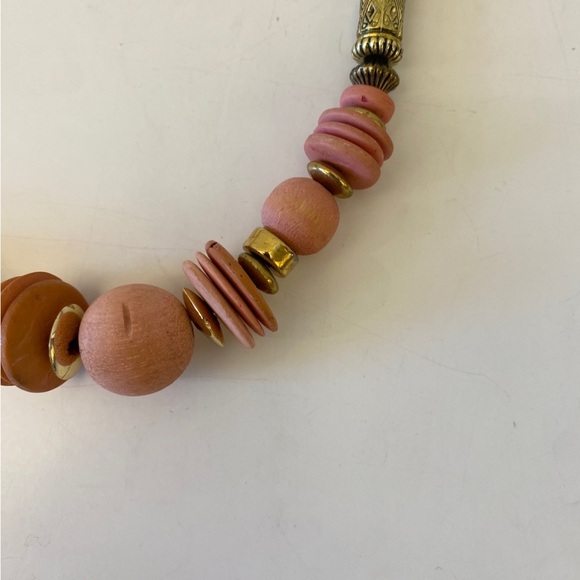 Chunky Pink Wooden + Gold Tone Beaded Necklace - Picture 3 of 5